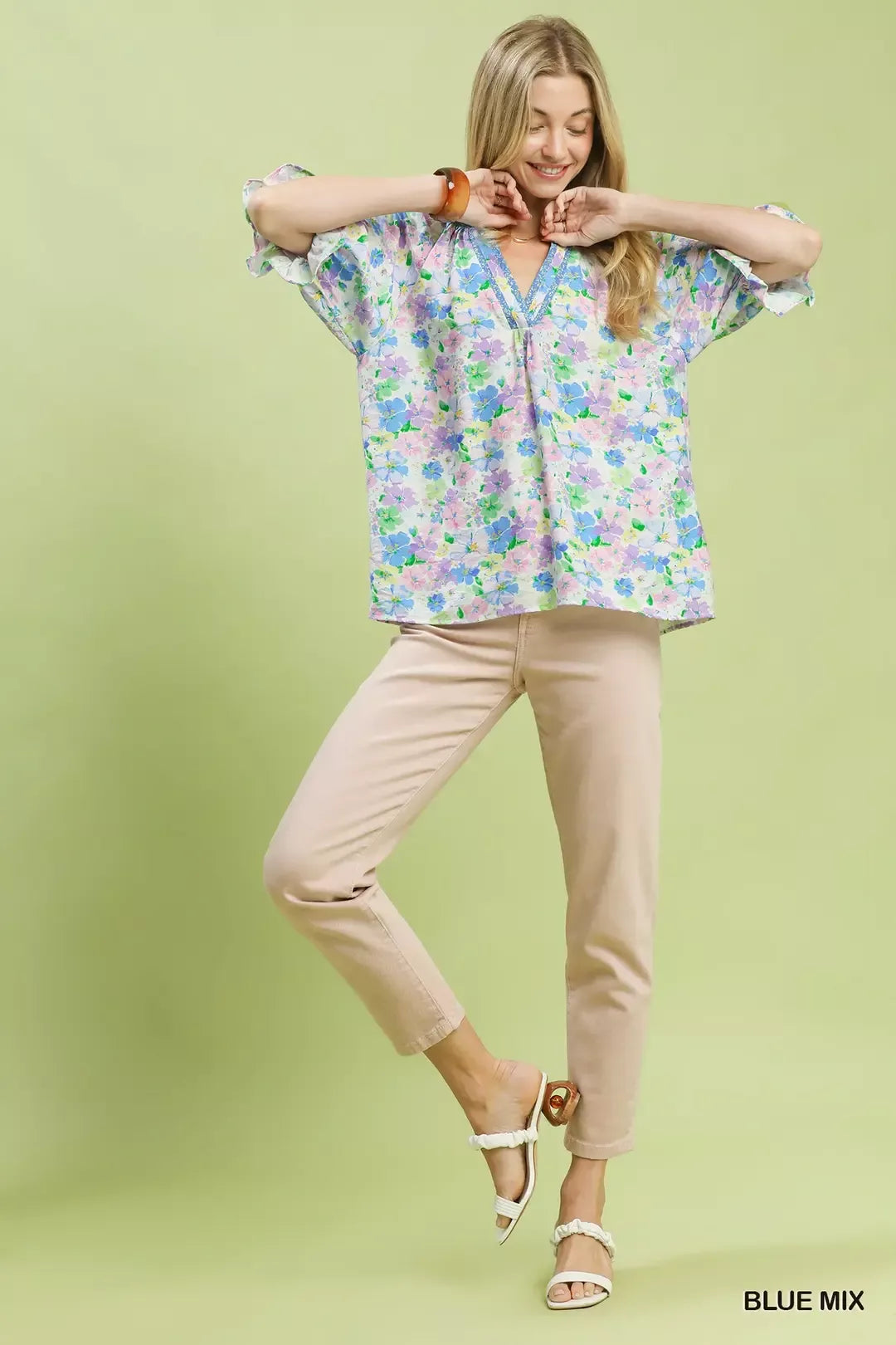 Umgee Blue Mix Floral Print Ruffle Top