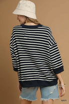 Umgee Navy Ribbed Hem Striped Oversized Knit Top