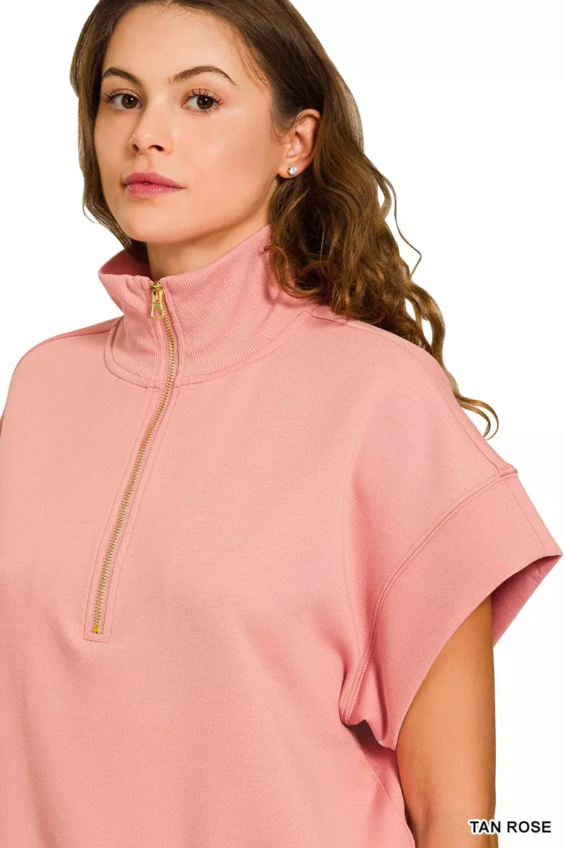 Zenana Tan Rose Scuba High Neck Half Zip Short Sleeve Top