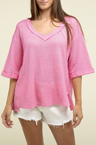 Zenana Brushed Waffle Exposed-Seam 3/4 Sleeve Top PINK ZENANA