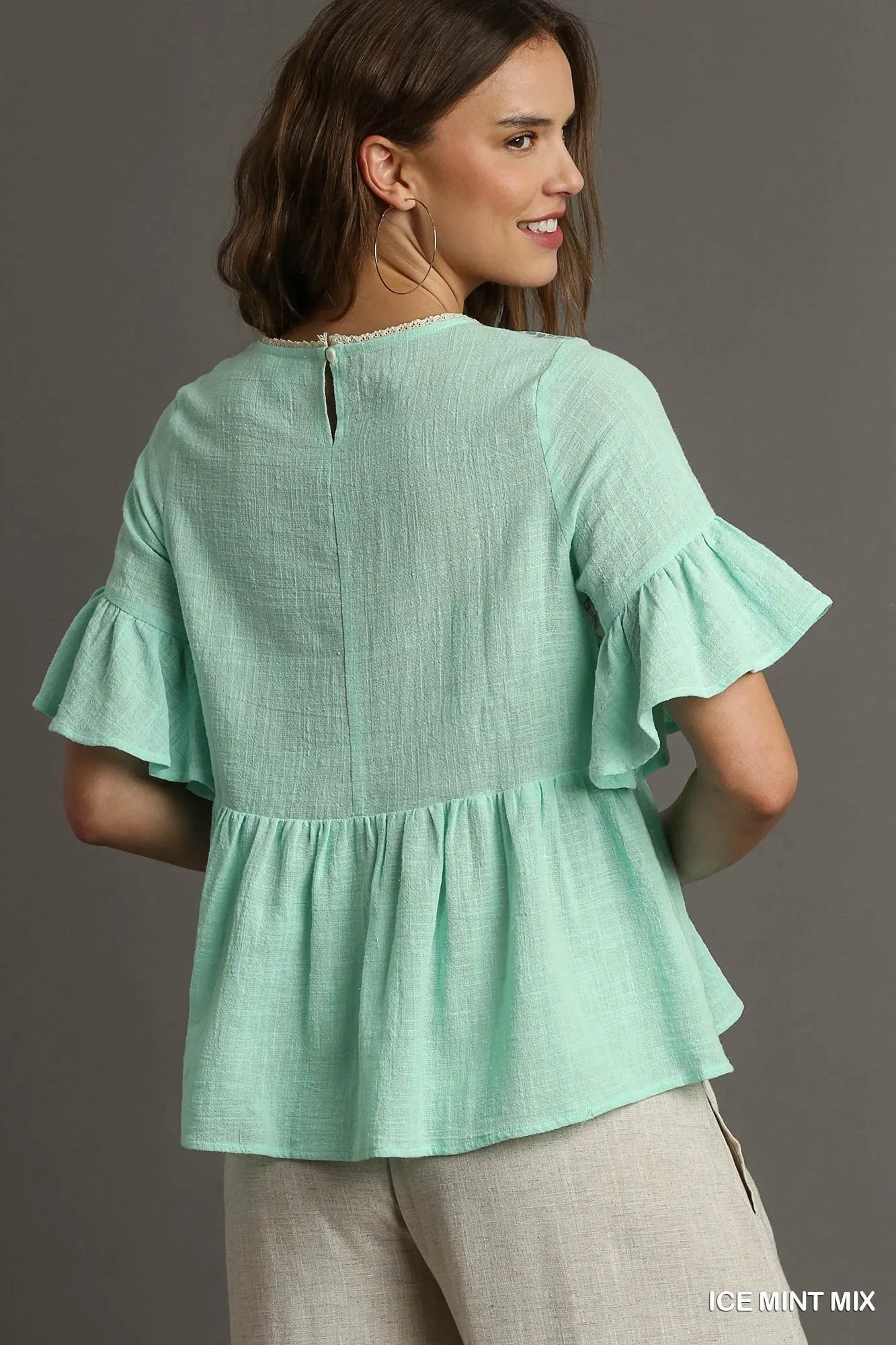 Umgee Ice Mint Mix Floral Lace Trimmed Detail Half Sleeve Babydoll Top