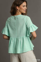 Umgee Ice Mint Mix Floral Lace Trimmed Detail Half Sleeve Babydoll Top