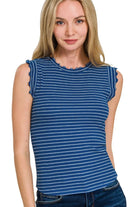 Zenana Blue & Ivory Ribbed Ruffle Trim Sleeveless Stripe Top LT NAVY WHITE