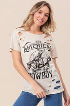 BiBi Taupe Cotton Slub Laser Top American Cow Boy Graphic TAUPE