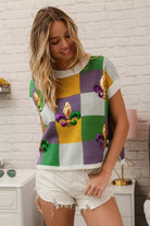 BiBi Sequin Embroidery Mardi Gras Checker Sweater Top