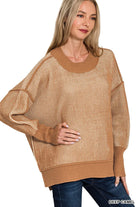 Zenana Deep Camel Exposed Seam Two Tone Ribbed Sweater DEEP CAMEL