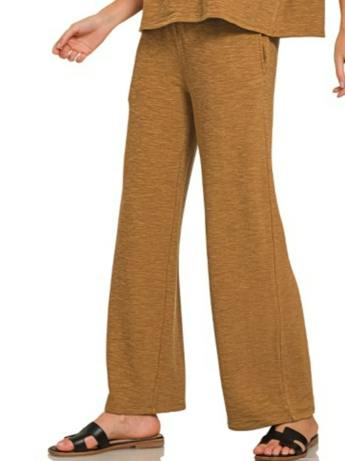 Zenana Deep Camel Slub Short Sleeve T-Shirt and Pants Set