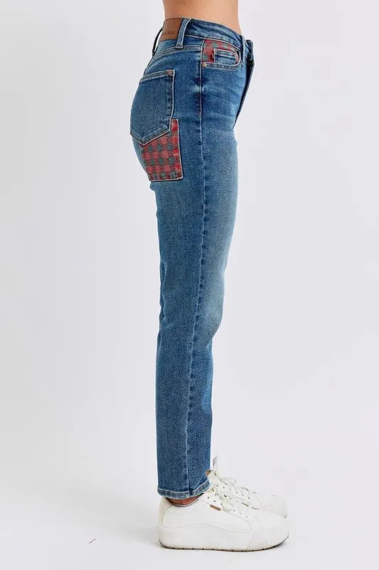 Judy Blue High Waisted Plaid Patch Slim Fit Jeans