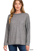 Zenana Soft Melange Hacci Round-Neck Long Sleeve T-Shirt BLACK