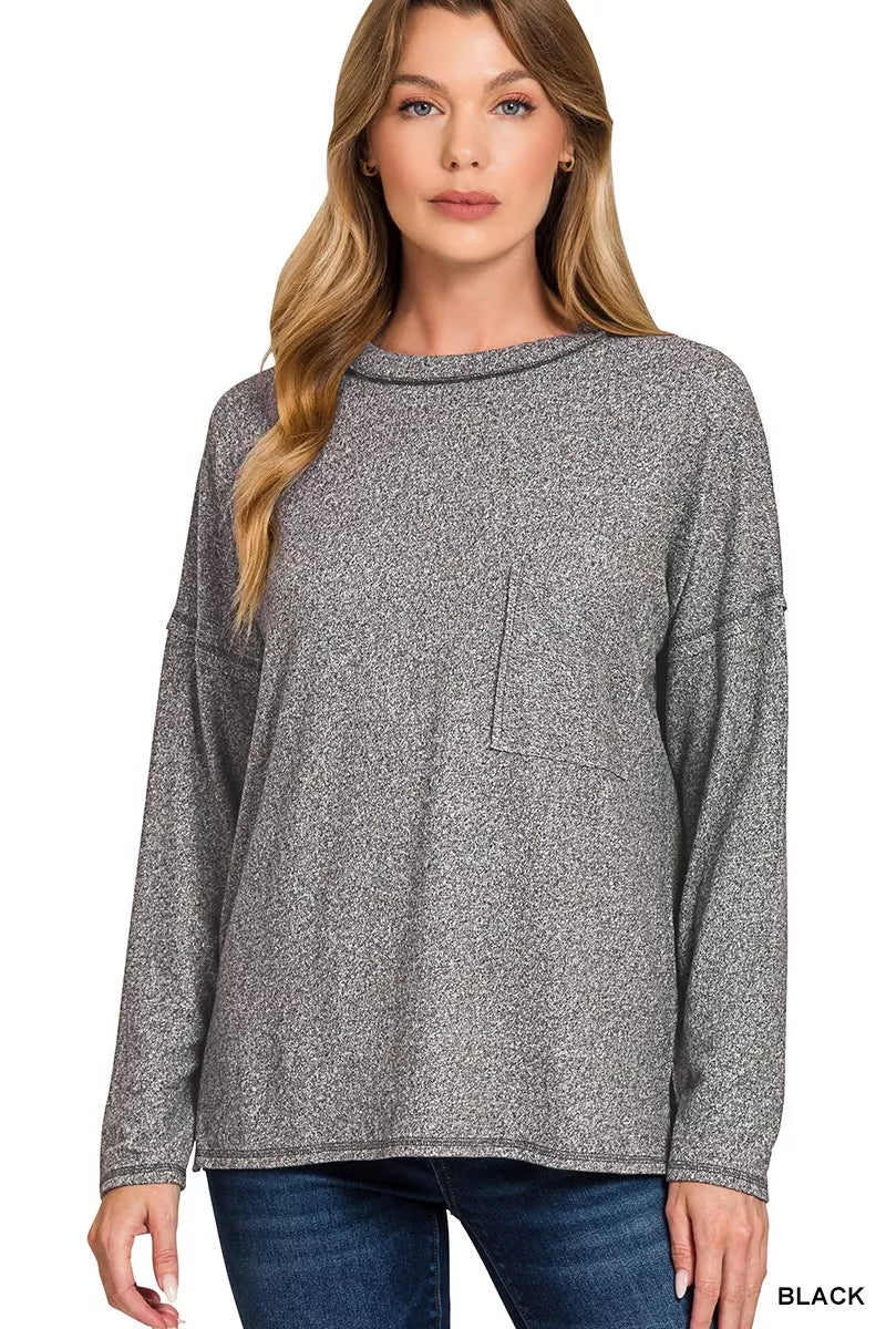 Zenana Soft Melange Hacci Round-Neck Long Sleeve T-Shirt BLACK