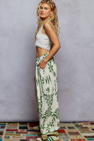 POL Ivory & Green Floral Printed Woven Wide Leg Drawstring Pants