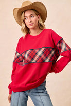 BiBi Red Christmas Theme Plaid Block Sweatshirt with Binding