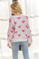 ADORA Off White & Pink Heart Round Neck Drop Shoulder Sweater