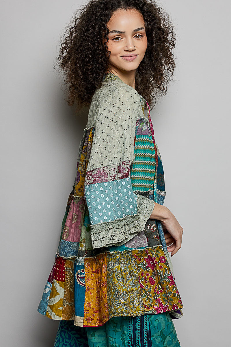 POL Tiered Floral Patchwork Tie Neck Shirred Ruffled Blouse