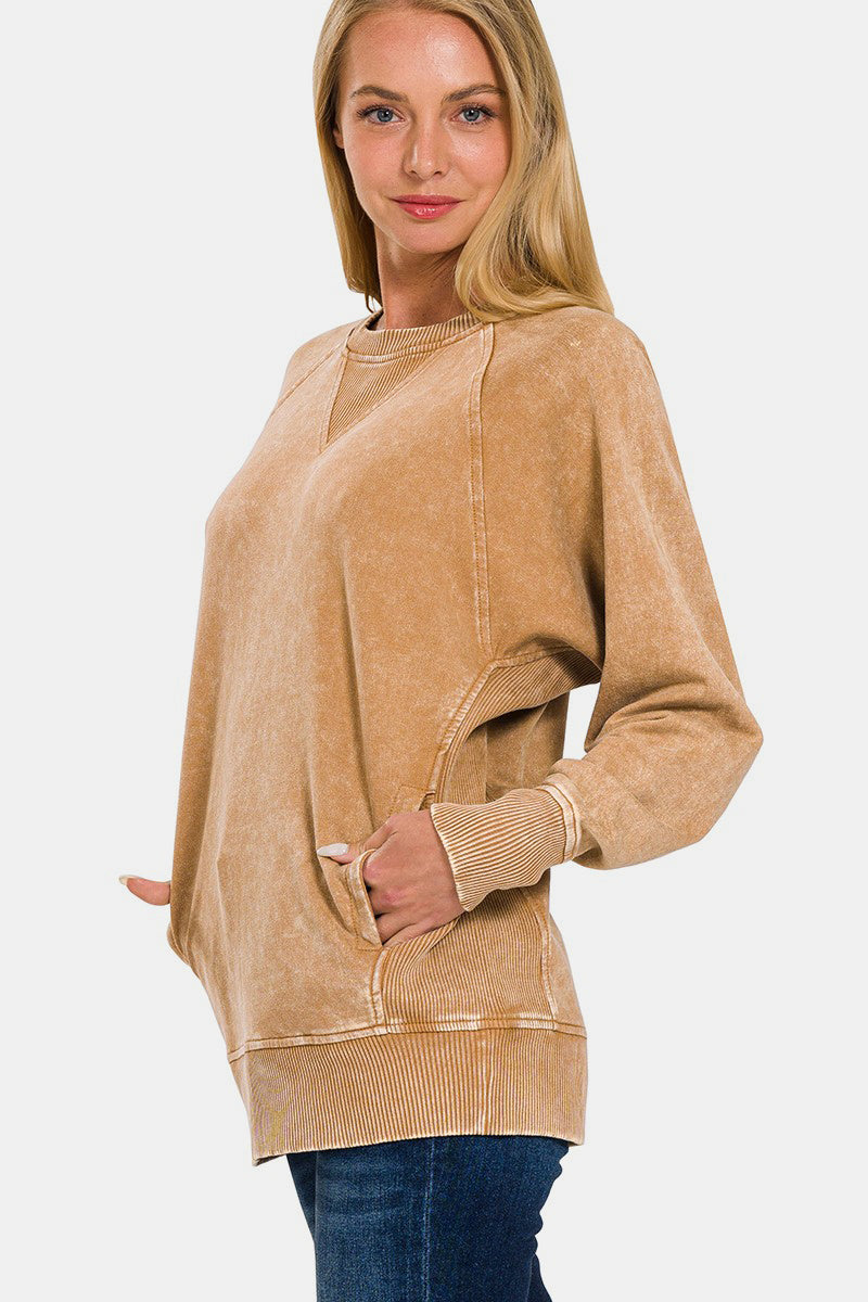 Zenana Camel Acid Washed Pocketed Round Neck Sweatshirt Shirts & Tops