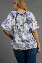 Umgee Blue Two Tone Landscape Round Neck Print Top