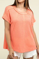 Zenana Brushed Waffle Exposed-Seam Short Sleeve Top NEON CORAL Shirts & Tops