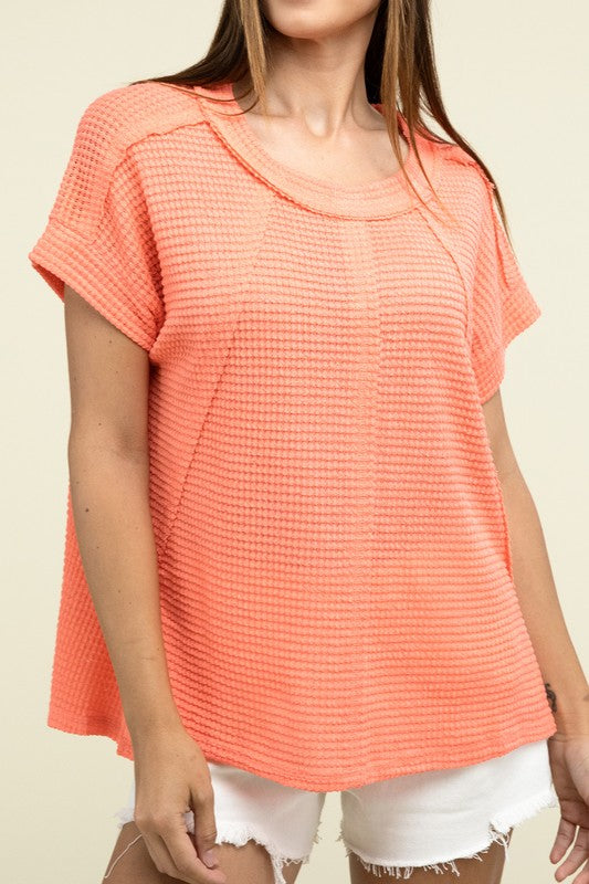 Zenana Brushed Waffle Exposed-Seam Short Sleeve Top NEON CORAL Shirts & Tops