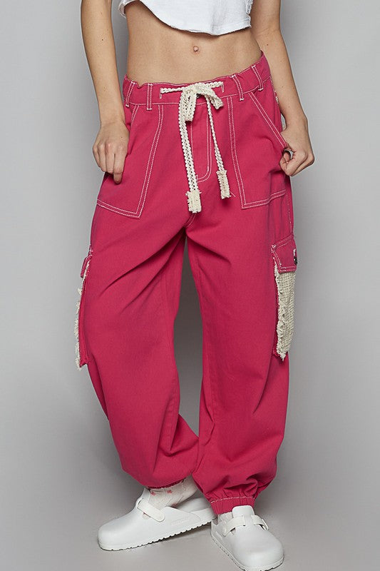 POL Cerise Crochet Overlay Pockets Drawstring Cotton Twill Pants Cerise