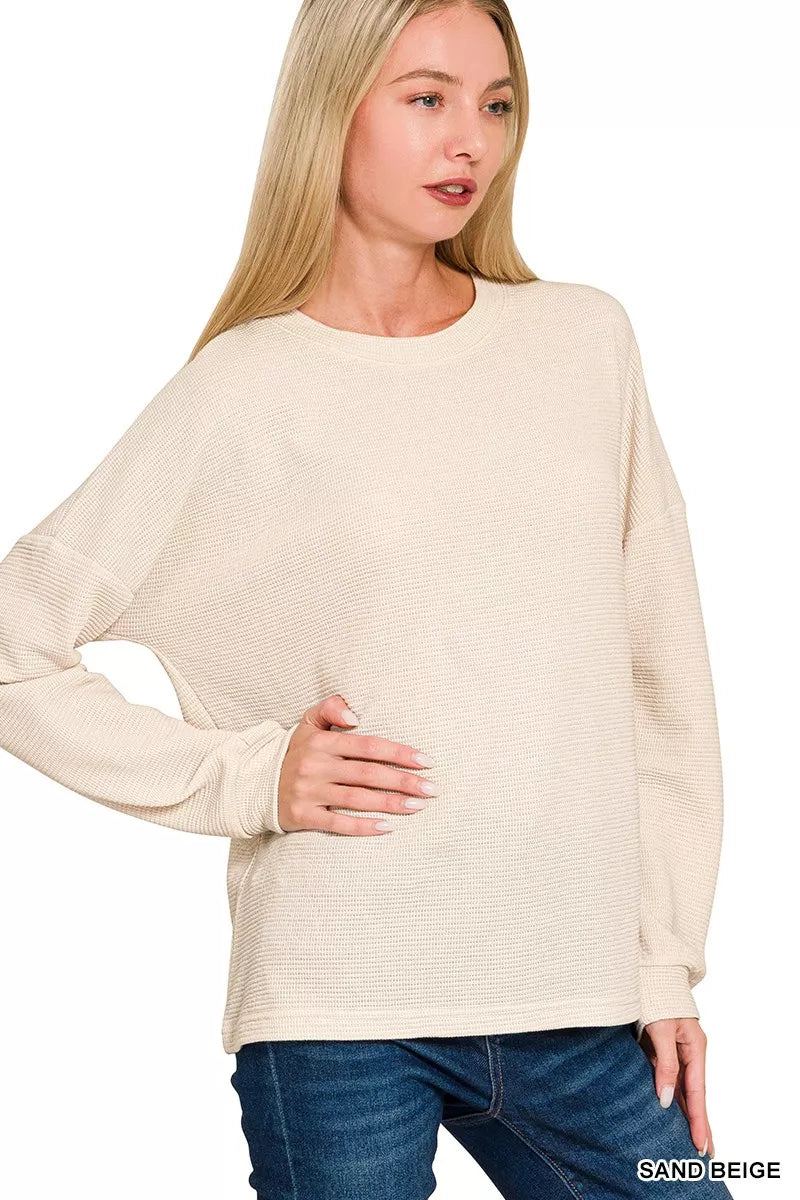 Zenana Sand Beige Double Knit Round Neck Long Sleeve Top SAND BEIGE