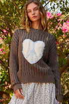 POL Dark Gray Cable-Knit Peace Patch Heart Dropped Shoulder Sweater Dark Gray Shirts & Tops