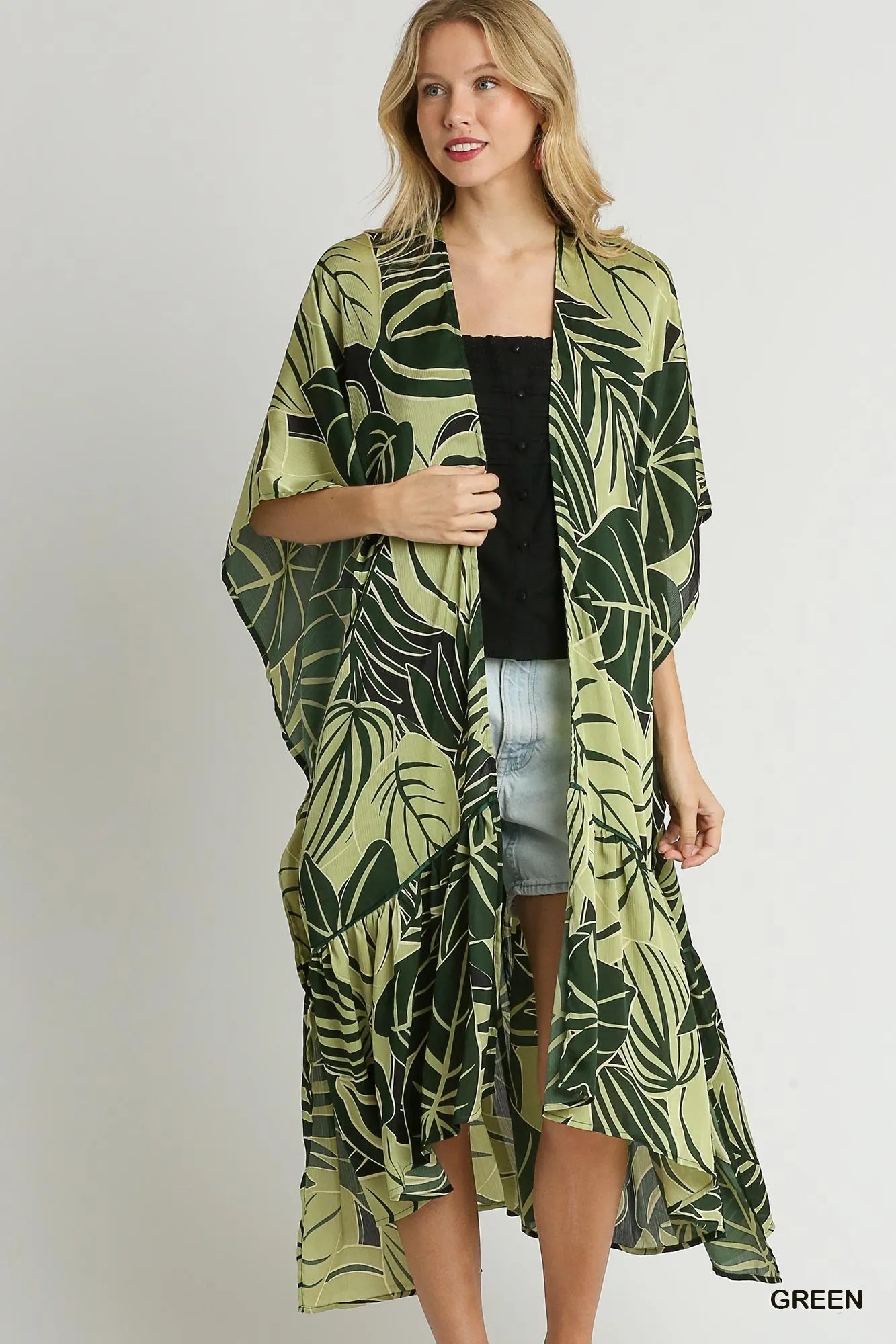 Umgee Green Satin Tropical Plant Print Open Front Kimono with Ruffle Details Green