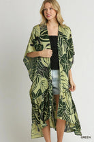 Umgee Green Satin Tropical Plant Print Open Front Kimono with Ruffle Details Green