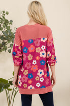 Celeste Fuchsia Floral Side Slit Flower Print Long Sleeve Top Shirts & Tops