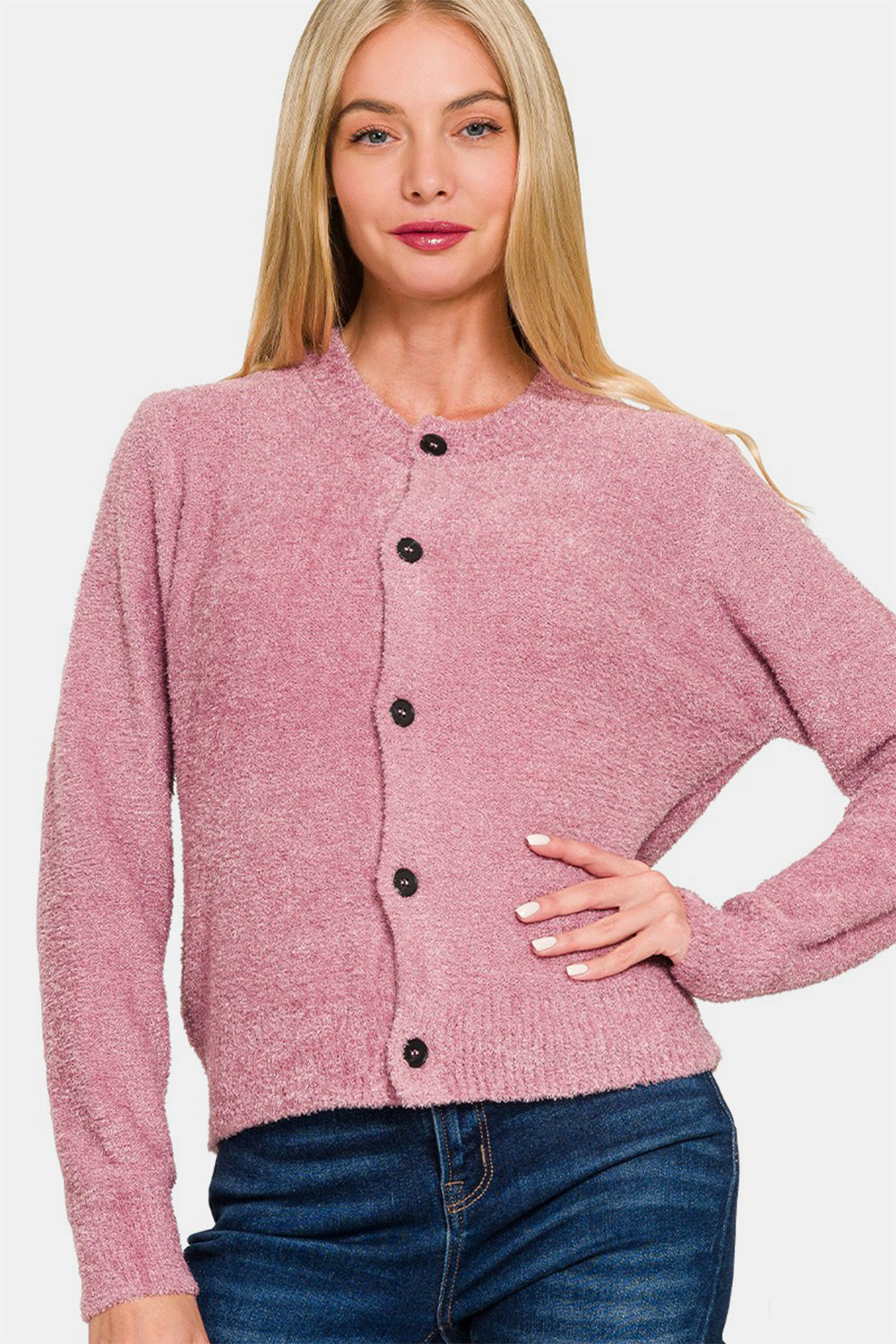 Zenana Light Rose Button Down Long Sleeve Sweater Cardigan Trendsi