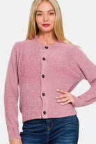 Zenana Light Rose Button Down Long Sleeve Sweater Cardigan