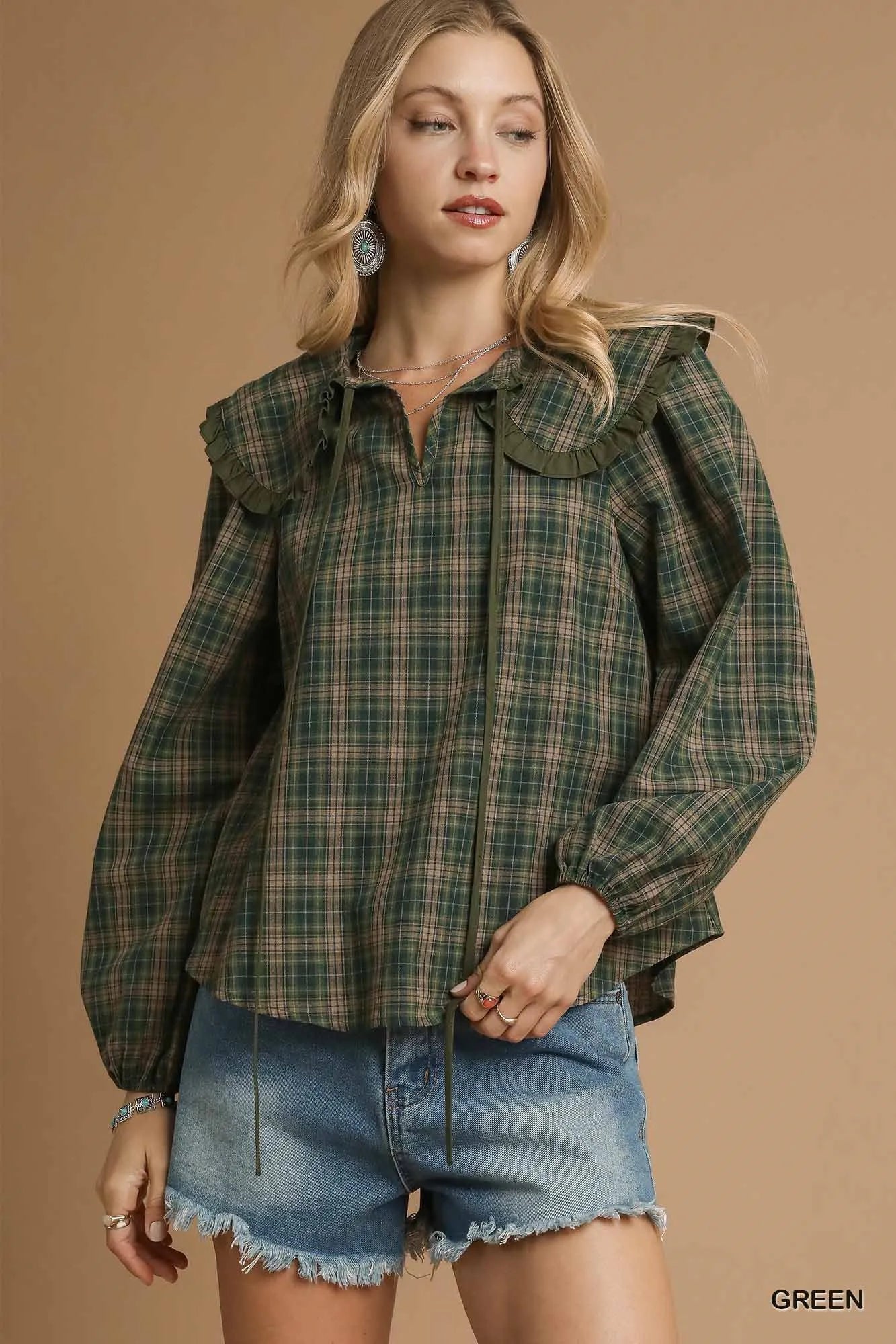 Umgee Green Plaid Ruffle Collar Blouse