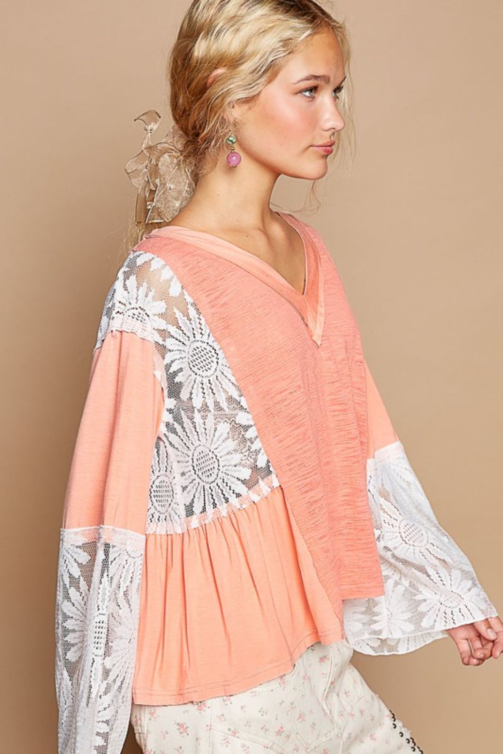 POL Coral Lace Detail V-Neck Flare Sleeve Blouse