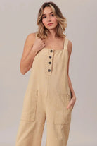 BiBi Oatmeal Washed Denim Buttoned Overall Jumpsuit