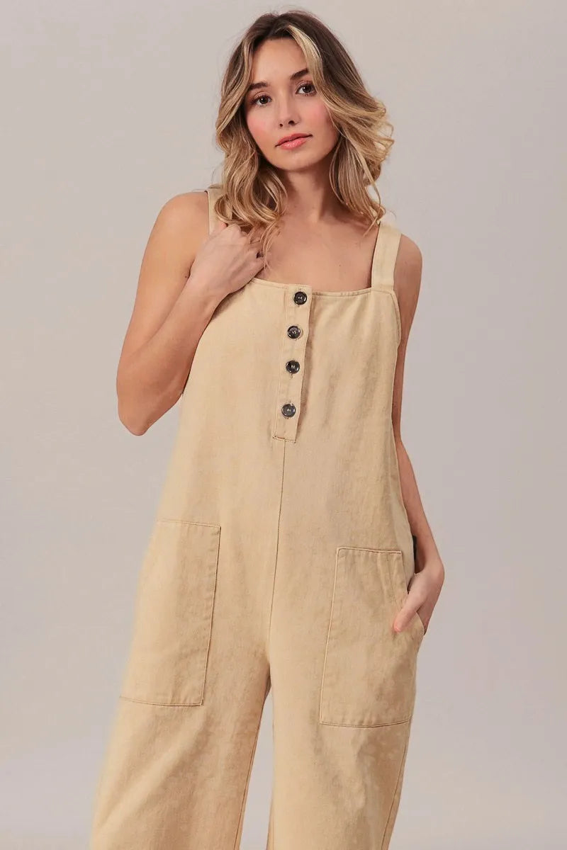 BiBi Oatmeal Washed Denim Buttoned Overall Jumpsuit