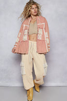 POL Dusty Pink Embroidered Patch Hooded Jacket with Lace Detail