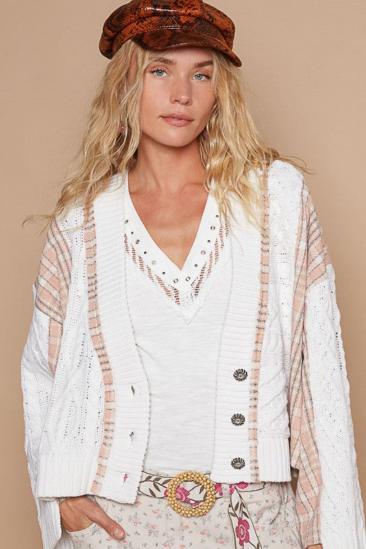 POL Cable-Knit Plaid V-Neck Button Up Cardigan White Shirts & Tops