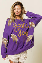BiBi Purple & Gold Sequin Football Patches Game Day Sweatshirt