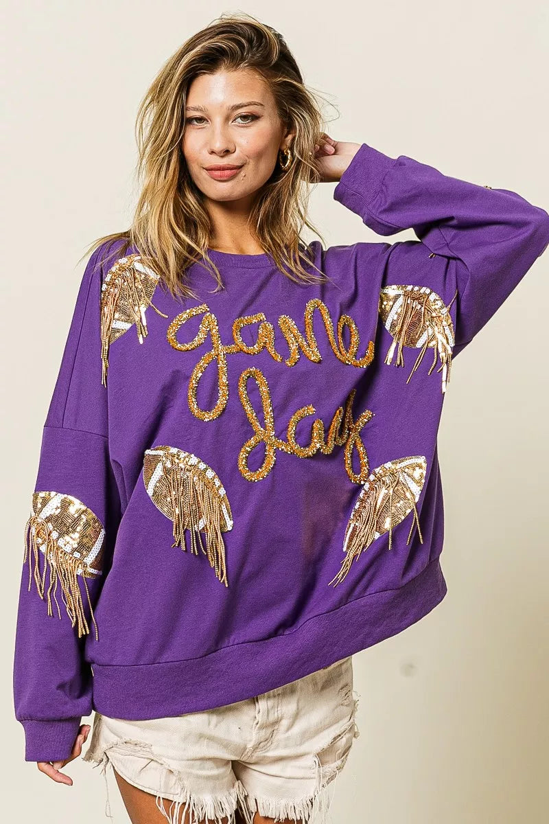 BiBi Purple & Gold Sequin Football Patches Game Day Sweatshirt