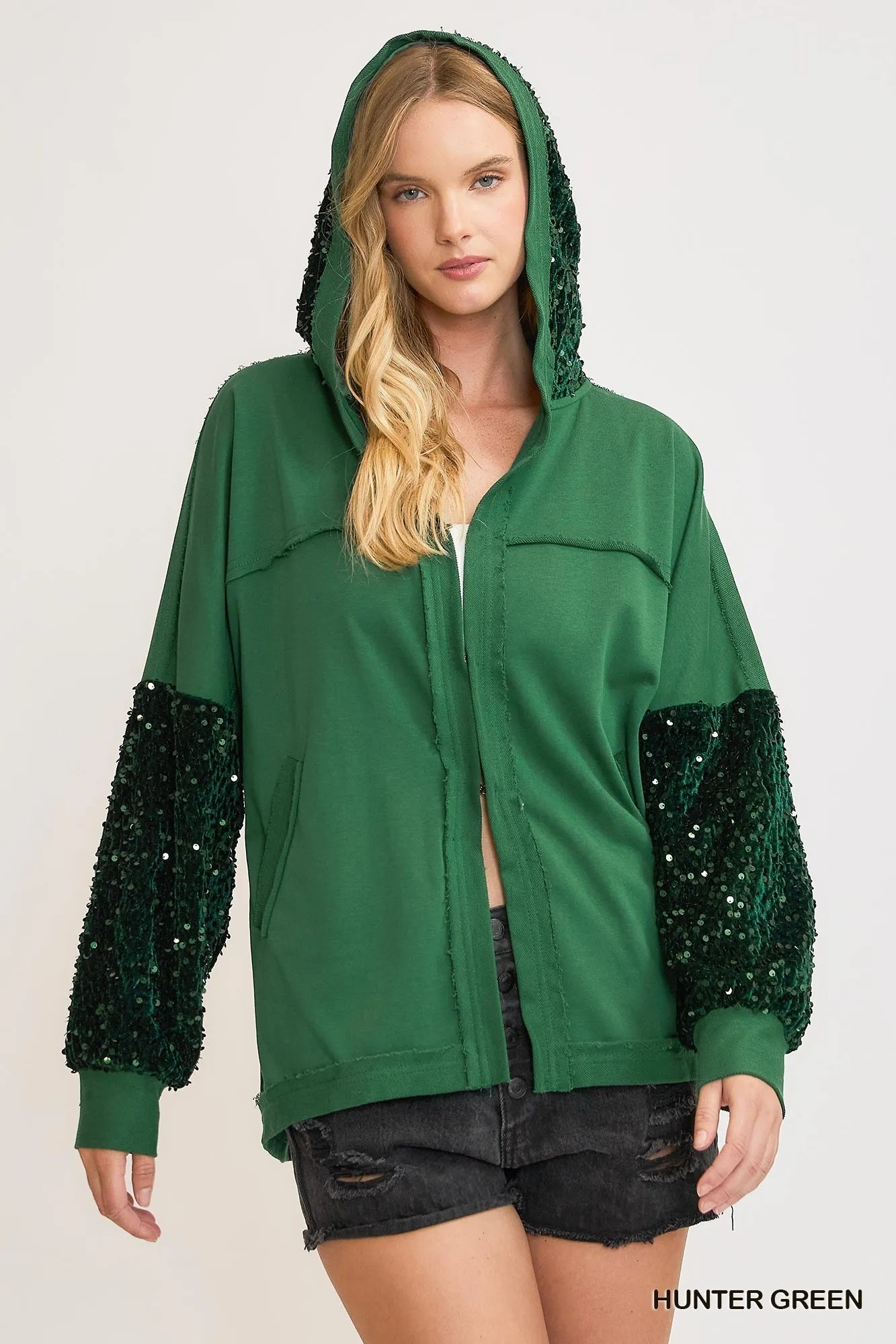 Umgee Hunter Green Sequined French Terry Hooded Jacket