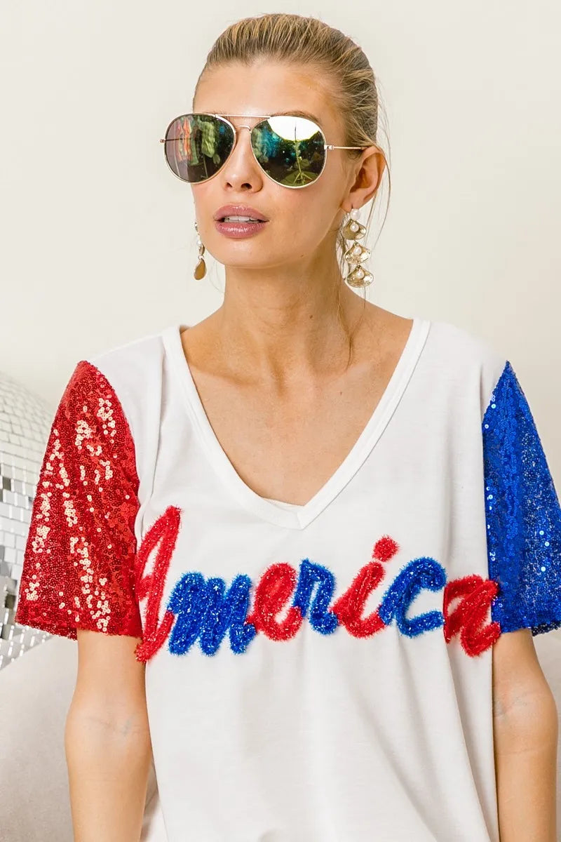 BiBi Metallic Letter America V-neck Sequin Sleeves Top