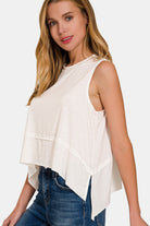 Zenana Ivory Slit High-Low Round Neck Tank Ivory Trendsi