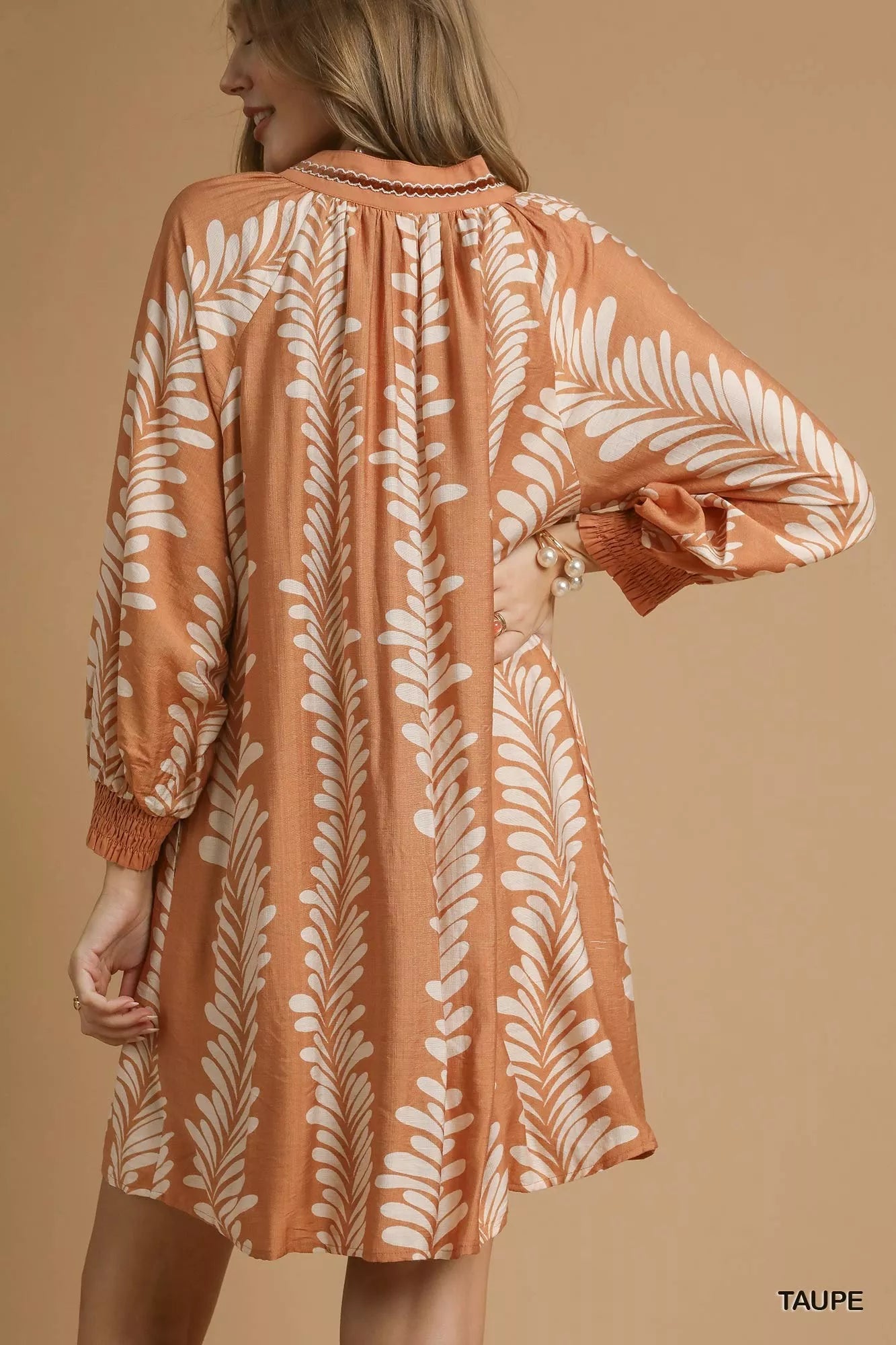 Umgee Taupe Leaf Print Notched Mini Babydoll Dress