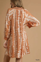 Umgee Taupe Leaf Print Notched Mini Babydoll Dress