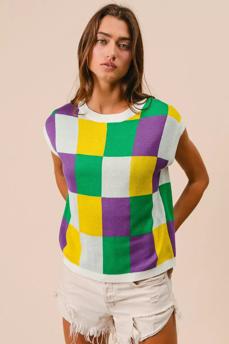 BiBi Mardi Gras Checker Pattern Sleeveless Sweater Top