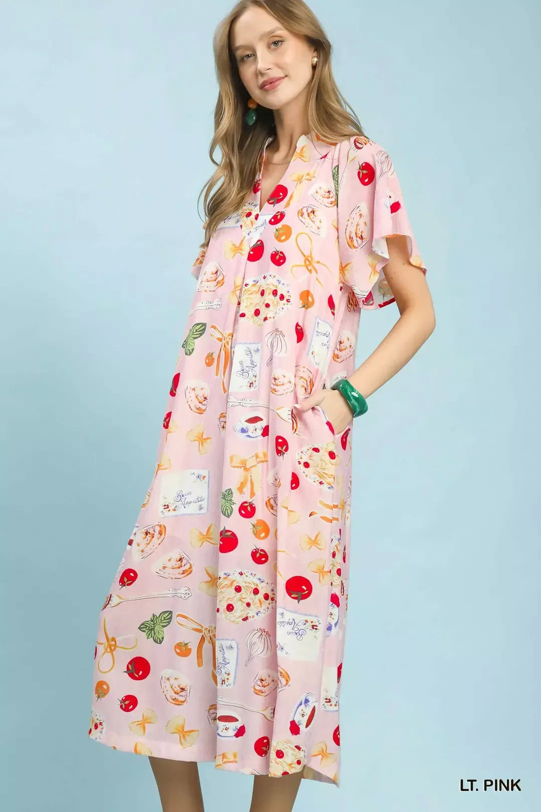 Umgee Light Pink Abstract Print Flutter Sleeve Midi Dress
