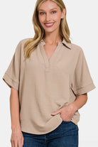 Zenana Texture Collared Neck Short Sleeve Top Ash Mocha Trendsi