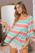 BiBi Jade & Coral Stripe Printed Bubble Woven Balloon Sleeves Babydoll Blouse