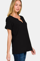 Zenana Black Notched Short Sleeve Waffle T-Shirt Trendsi