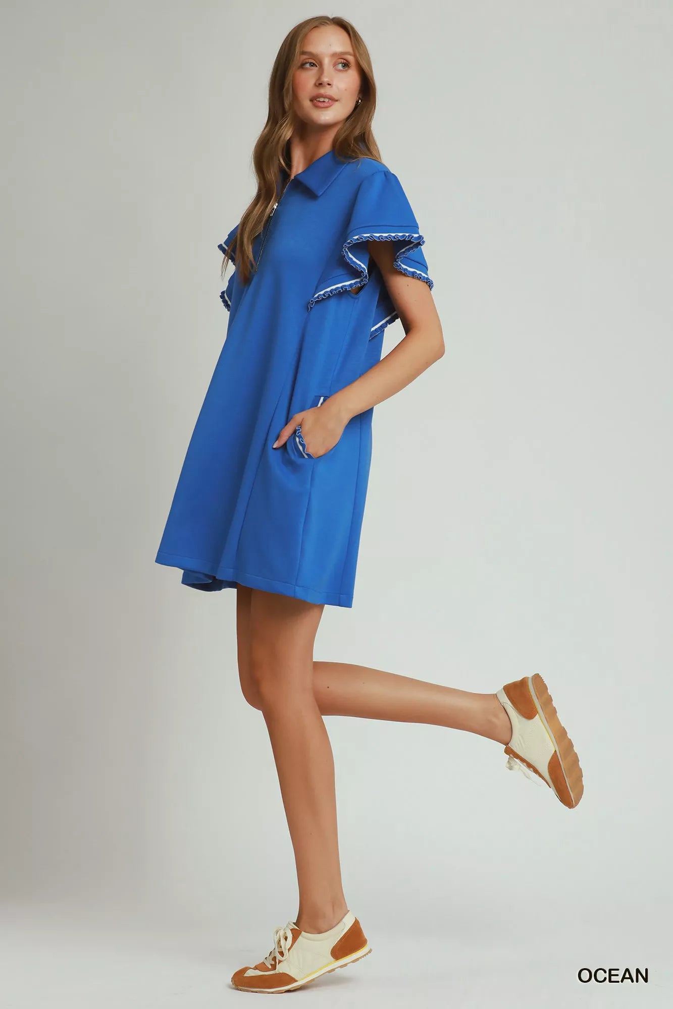 Umgee Ocean Half Zip Ruffle Rib Band Butterfy Sleeve Mini Dress with Pockets