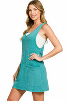 Zenana Light Teal Washed Slub Adjustable Strap Overall Dress